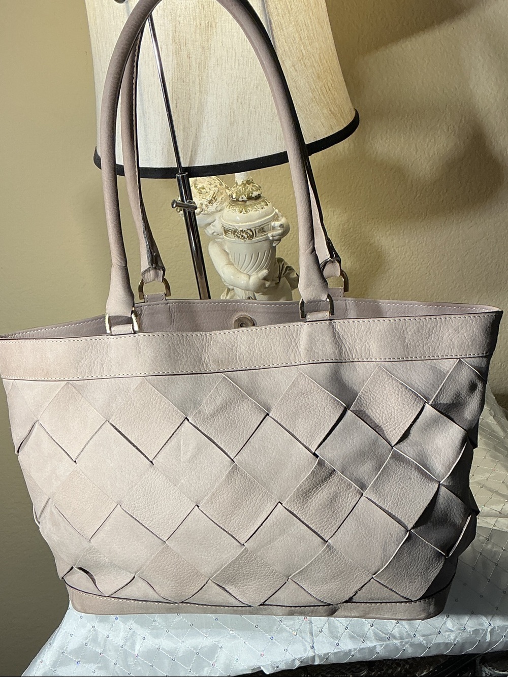 Alberta Decanio Woven Panel Tote Bag in Light Taupe